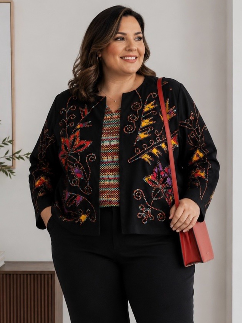Drapers & Damon’s Women's 1X (16) Open Front Black Floral Embroidered Jacket